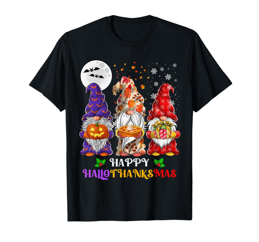 Happy Hallothanksmas Gnome Lover Halloween Thanksgiving Xmas T-Shirt