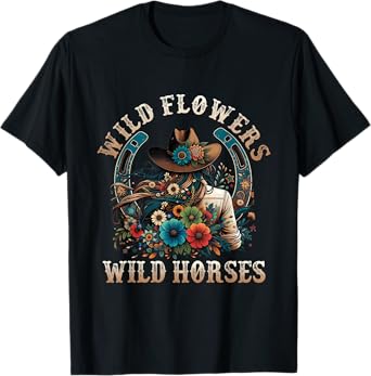Retro Southern Sunset Cowgirl Wild Flowers - Wild Horses T-Shirt