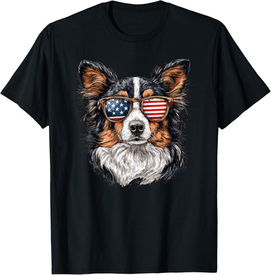Patriotic Sheltie USA Flag Sunglasses Dog Lover 4th Of July T-Shirt
