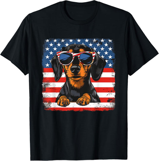 USA Flag Patriotic Dachshund Art Design Fourth of July T-Shirt