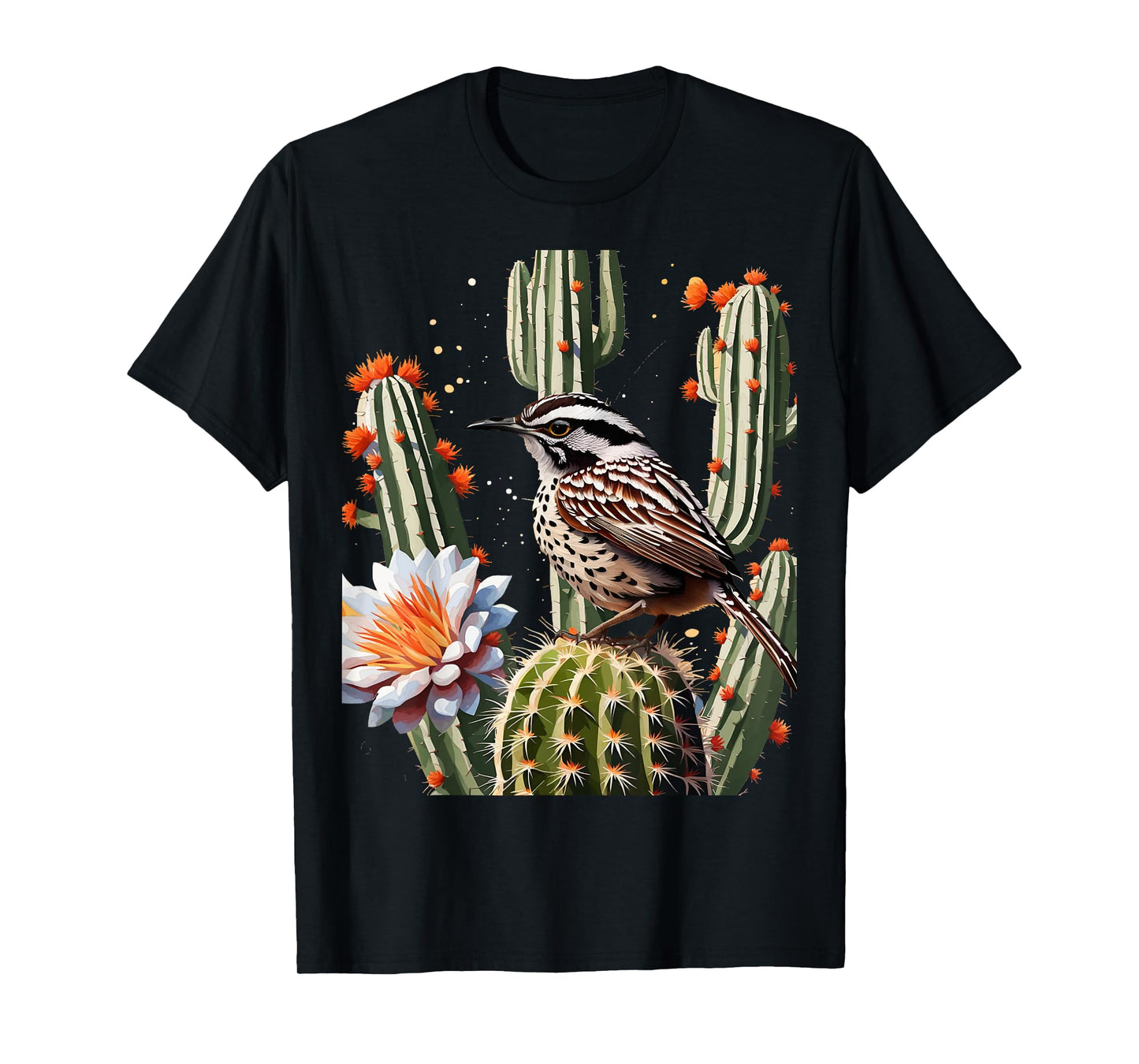Arizona Cactus Wren Surrounded By Saguaro Cactus Blossom T-Shirt