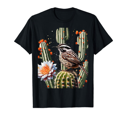 Arizona Cactus Wren Surrounded By Saguaro Cactus Blossom T-Shirt