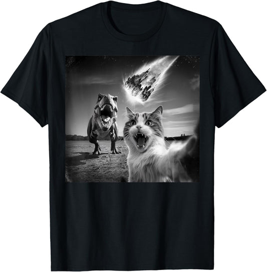 Cat Selfie With T-rex Dinosaur and Meteorite Asteroid Meme T-Shirt