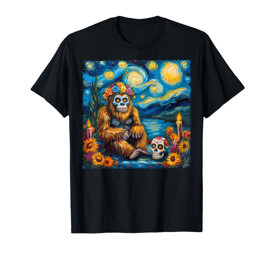 Bigfoot Van Gogh Style The Starry Night Day Of Dead Funny T-Shirt