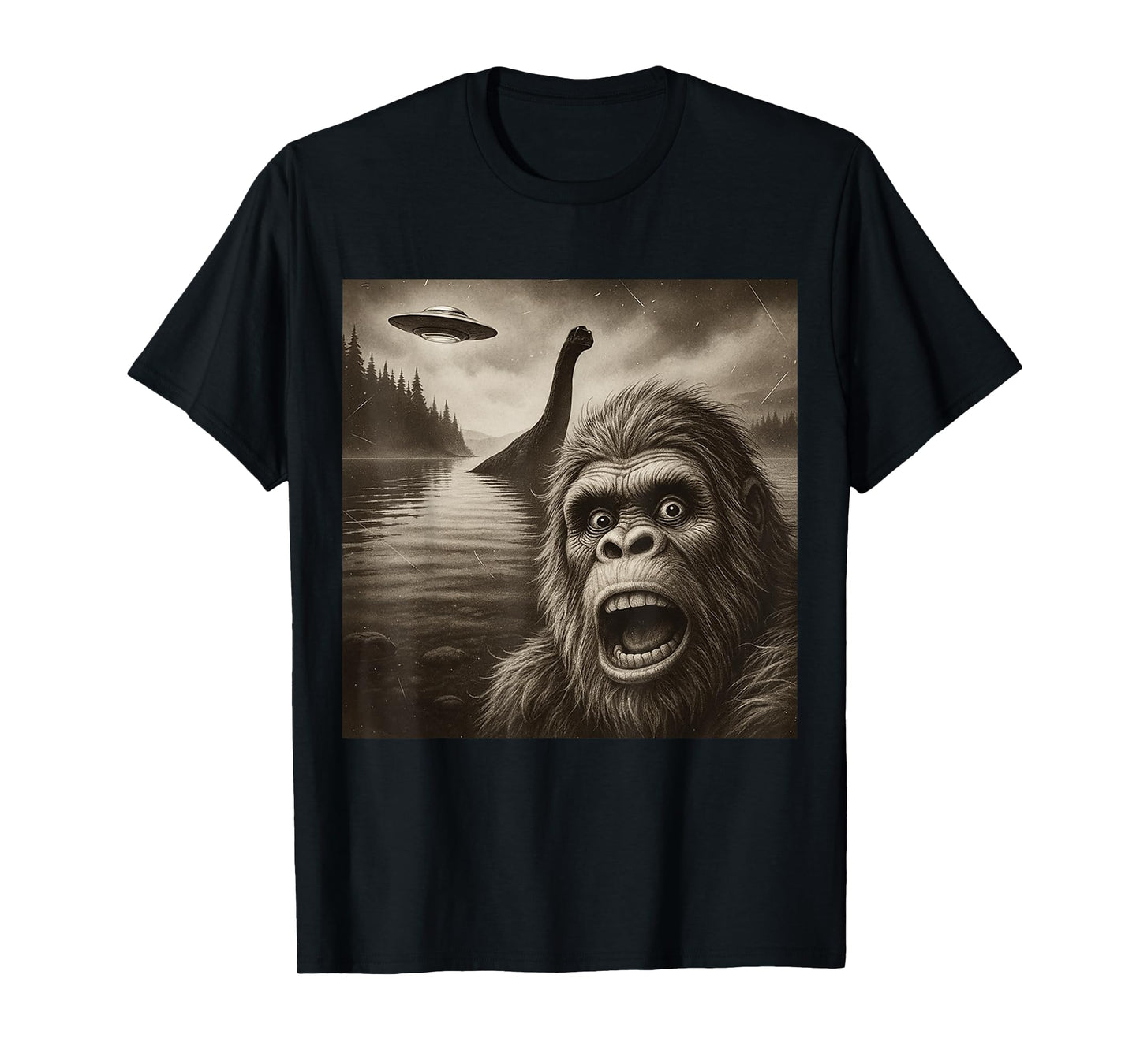 Bigfoot Selfie With Loch Ness Monster And UFO Aliens Graphic T-Shirt