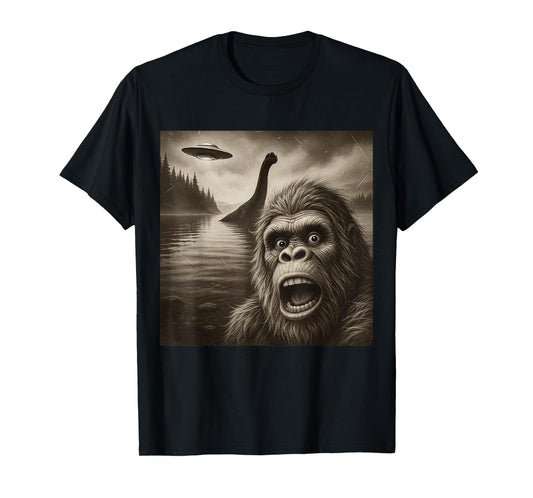 Bigfoot Selfie With Loch Ness Monster And UFO Aliens Graphic T-Shirt