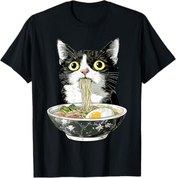 Vintage Tuxedo Cat Eating Ramen Japanese Noodles Anime Lover T-Shirt