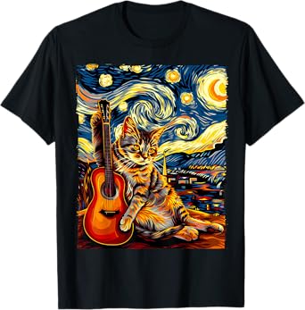Painting A Cat Playing Guitar in The Starry Night, Cat Art T-Shirt