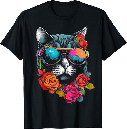 Cat Lover Artwork | Sunglasses Flower Animal Motif Cat T-Shirt