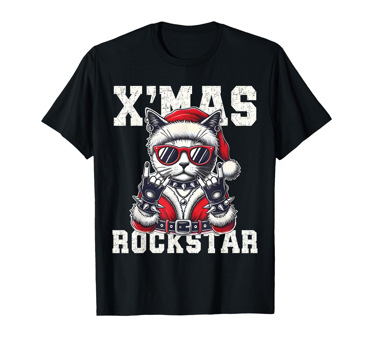 Christmas Rockstar Santa Cat Rock Xmas Rocker Men Women Kids T-Shirt