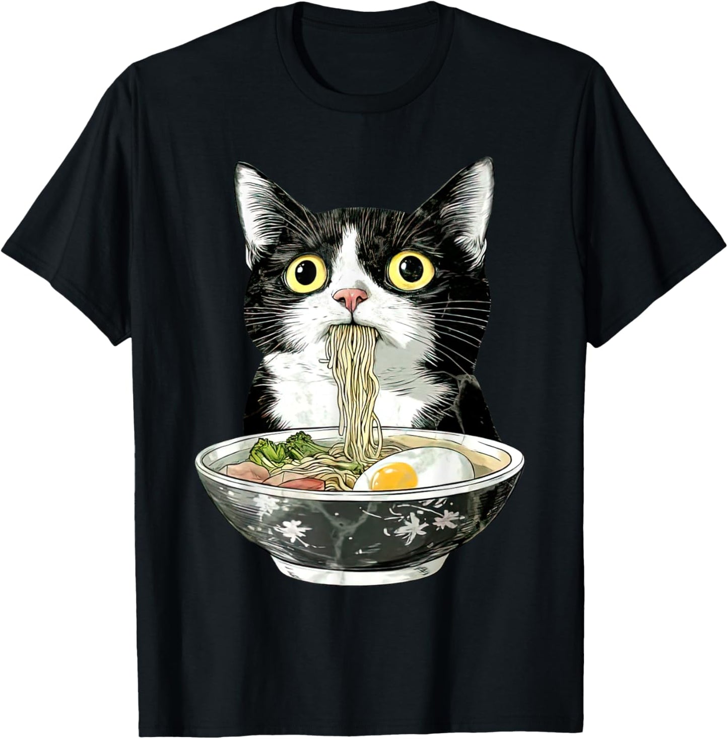 Vintage Tuxedo Cat Eating Ramen Japanese Noodles Anime Lover T-Shirt