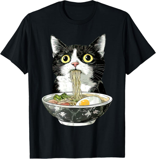 Vintage Tuxedo Cat Eating Ramen Japanese Noodles Anime Lover T-Shirt