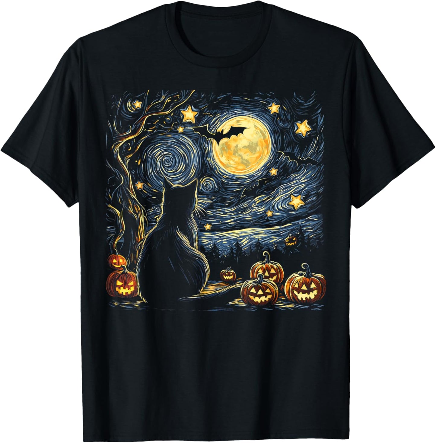 Halloween Van Gogh Starry Night Painting Black Cat Kitten T-Shirt