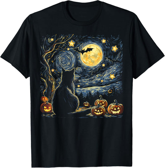 Halloween Van Gogh Starry Night Painting Black Cat Kitten T-Shirt