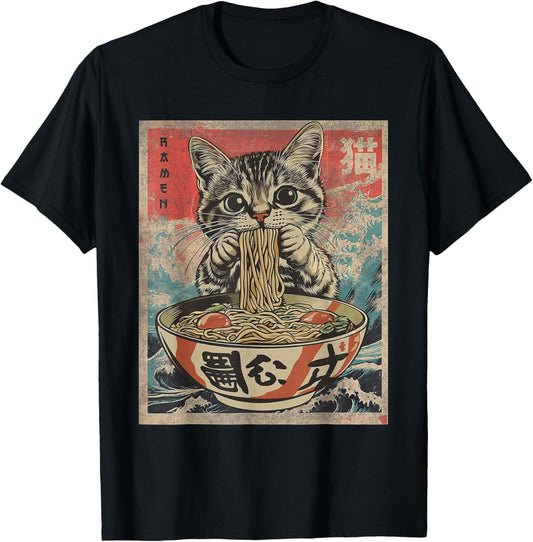 Cat Eating Ramen Noodles Kawaii Anime Manga Japanese Food T-Shirt