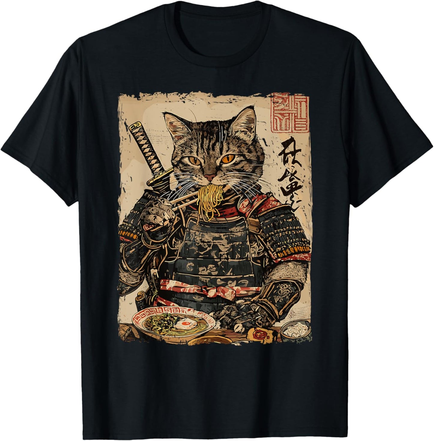Samurai Cat Loves Ramen Funny Anime Japanese Artwork Samurai T-Shirt
