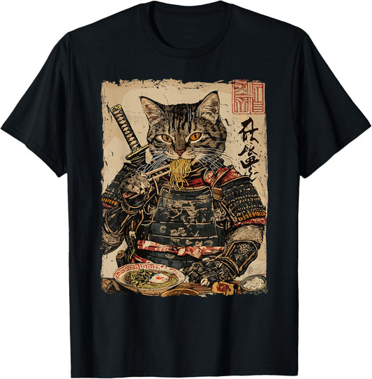 Samurai Cat Loves Ramen Funny Anime Japanese Artwork Samurai T-Shirt