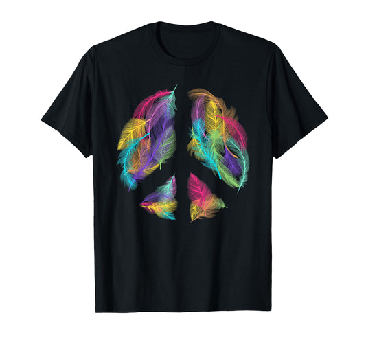 Peace Sign Colorful Feathers Hippie Peace Symbol Retro T-Shirt