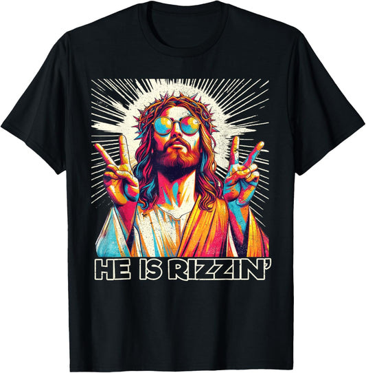 Retro He Is Rizzin Funny Jesus Has Rizzen Easter Christian T-Shirt