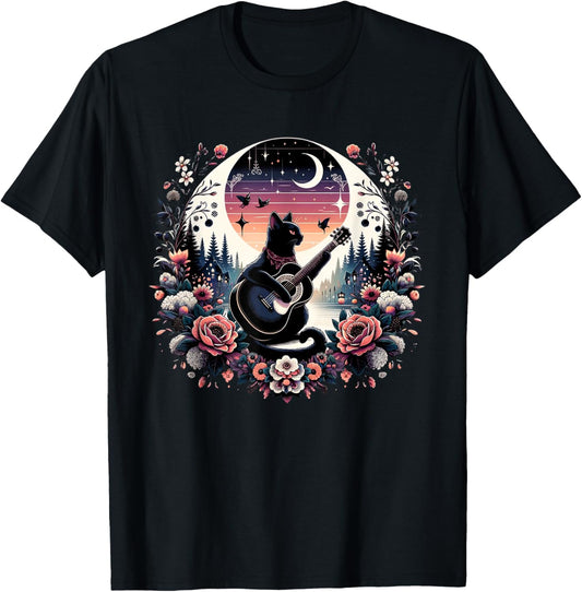 Cottagecore Aesthetic Cat Playing Guitar in Moonlit Forest T-Shirt