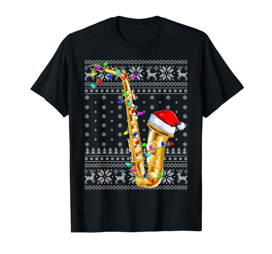 Ugly Sweater Xmas Lights Santa Musical Saxophone Christmas T-Shirt