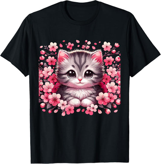 Cherry Blossom Cat Kitten T-Shirt, Small, Black