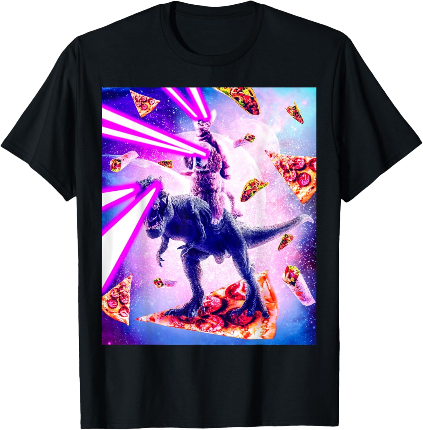 Laser Eyes Space Cat Riding Dog And Dinosaur T-Shirt for Men Women Girls Kids