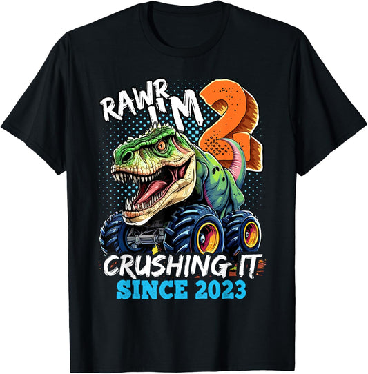 2nd Birthday Monster Truck Dinosaur Party Boys Rawr I'm 2 T-Shirt