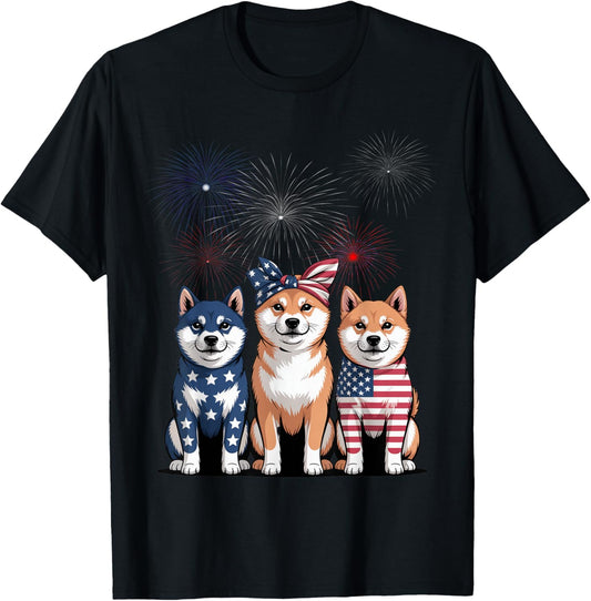 Three Shiba Inu Dog Usa Flag 4th Of July Dog Lover Women Men T-Shirt