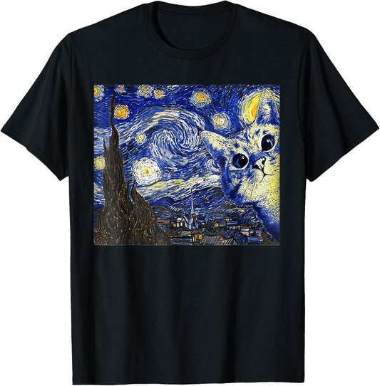 Cat Tshirt, Starry Night Cat, Womens Cat Shirt, Van Gogh Cat T-Shirt