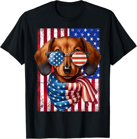 Dachshund Dog USA Flag Sunglasses Patriotic 4th of July T-Shirt