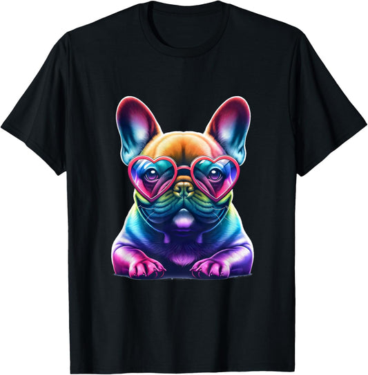 Rainbow Frenchie Wearing Heart Glasses Puppy Love Dog Funny T-Shirt