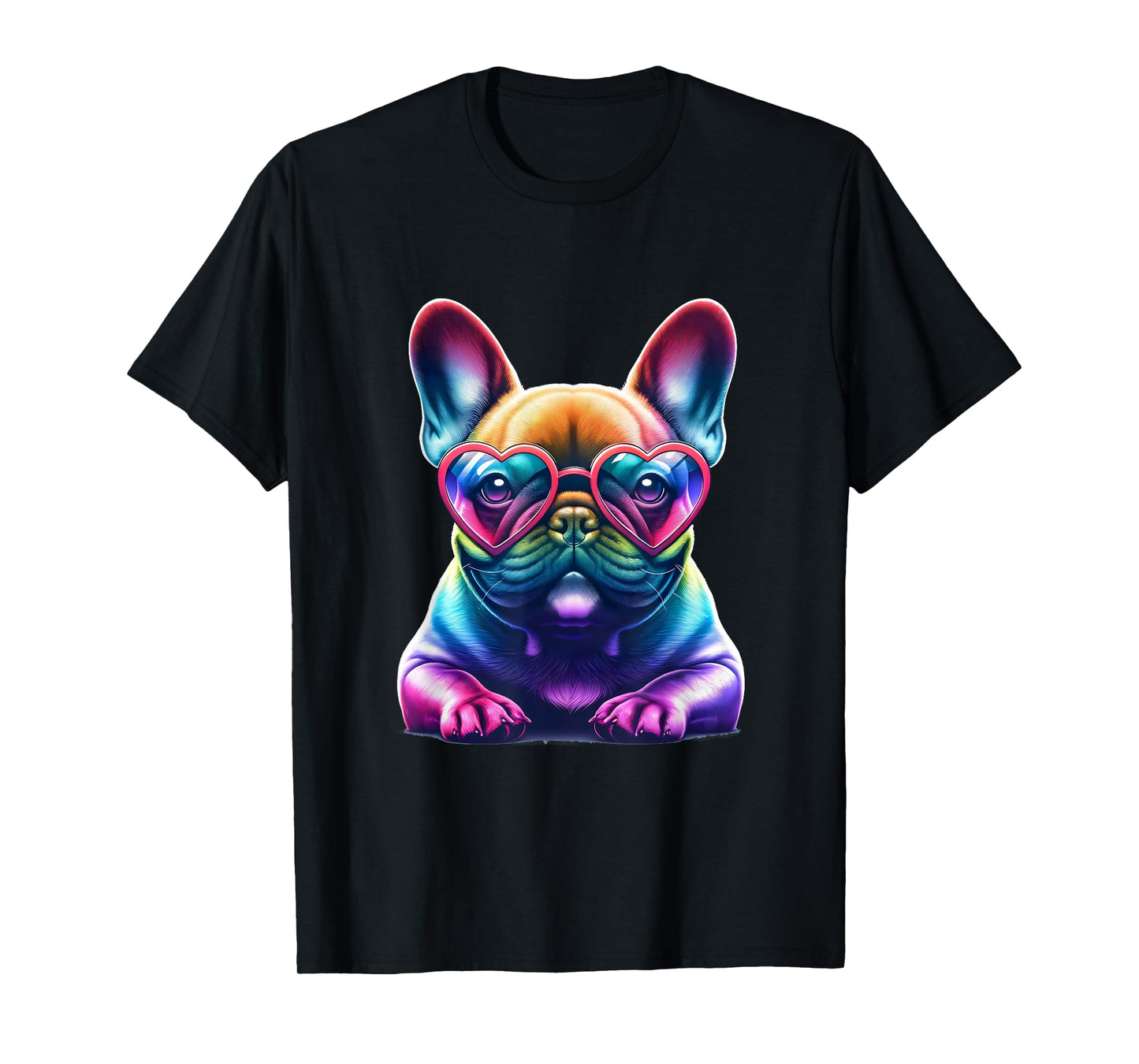 Rainbow Frenchie Wearing Heart Glasses Puppy Love Dog Funny T-Shirt