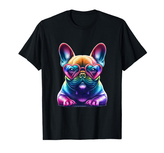 Rainbow Frenchie Wearing Heart Glasses Puppy Love Dog Funny T-Shirt
