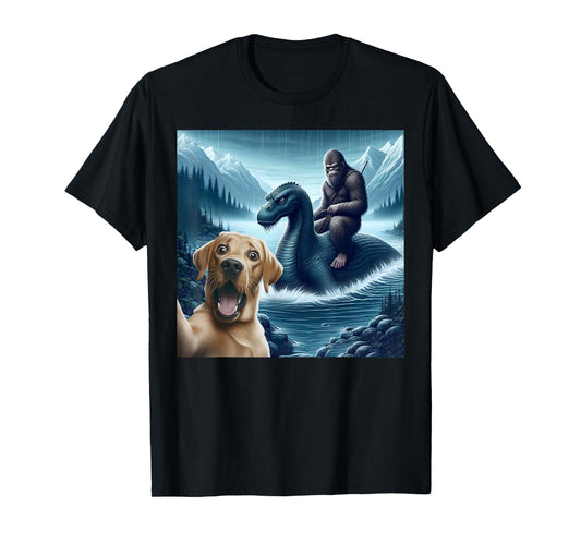 Labrador retriever Selfie with bigfoot riding loch Ness T-Shirt
