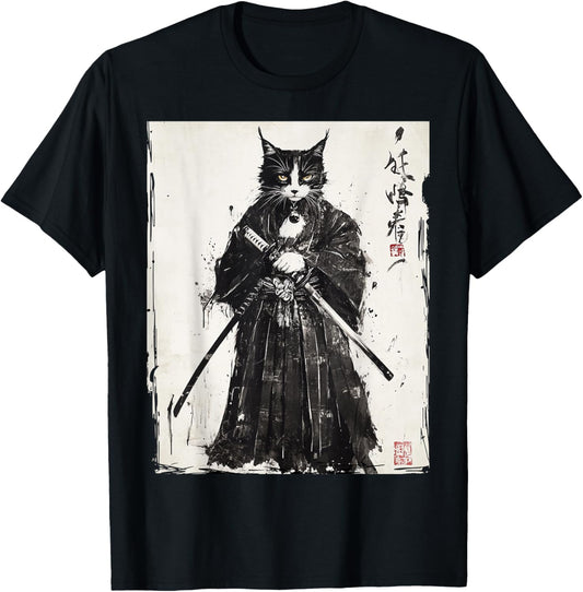 Vintage Japanese Samurai Cat Tee - Retro Ukiyo-e Artwork T-Shirt