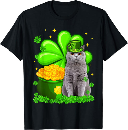 St Patrick's Day British Shorthair Irish Shamrock Cat Lover T-Shirt