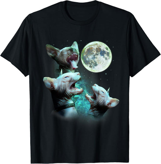 Three Hairless Sphynx Cats Howl At Moon 3 Wolfs Funny Parody T-Shirt
