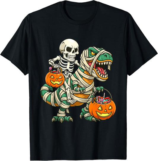 Skeleton Riding Mummy Dinosaur T Rex Halloween Funny Pumpkin T-Shirt