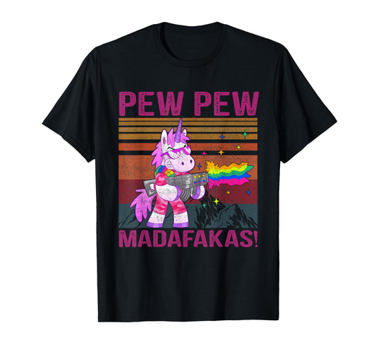 Unicorn Pew Pew Madafaka's Vintage Crazy Cat Funny Graphic T-Shirt for Men Women