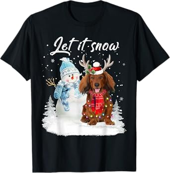Red Long Haired Dachshund Santa Dog Christmas Snowman Xmas T-Shirt