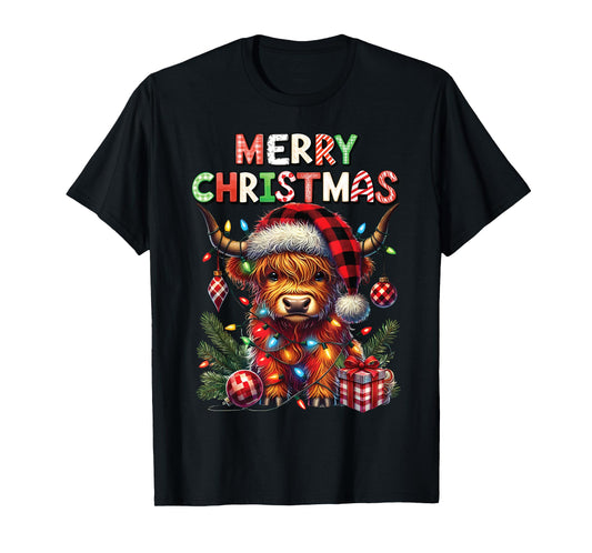 Merry Christmas Scottish Highland Cow Xmas Farm Animal Lover T-Shirt