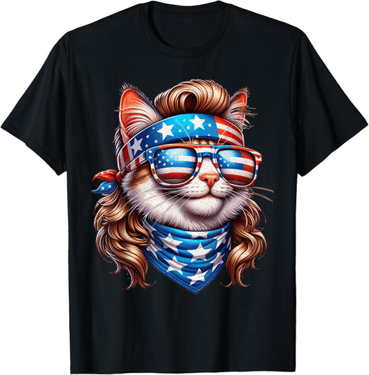 Cat American Flag Patriotic Funny Mullet Cat 4th Of July T-Shirt