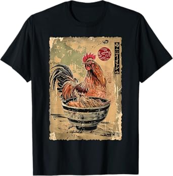 Chicken Eating Ramen Noodles Japanese Woodblock Ukiyoe Art T-Shirt