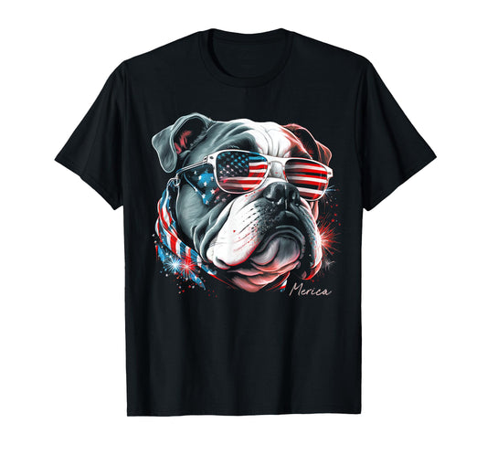 English Bulldog Dog 4th of July American Flag USA Funny T-Shirt