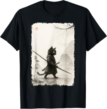 Vintage Samurai Cat Bushido Japanese Ukiyo Graphic Art T-Shirt