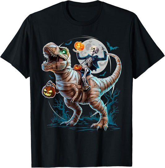 Skeleton Riding Mummy Pumpkin T Rex Dinosaur Funny Halloween T-Shirt