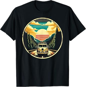 Wanderlust Wonders Retro Van Scenic Adventure T-Shirt, Small, Black