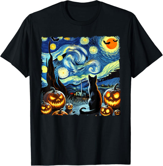Halloween Van Gogh Starry Night Black Cat T-Shirt