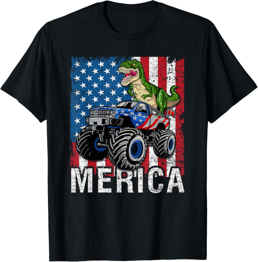 Dinosaur Monster Truck American Flag 4th of July T-Shirt